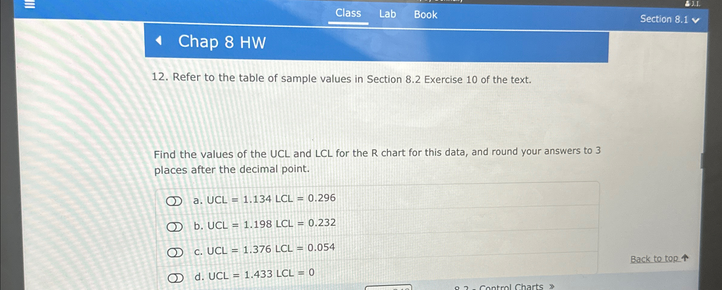  Class Lab Book Section 8.1 Chap 8 HW 12. Refer to