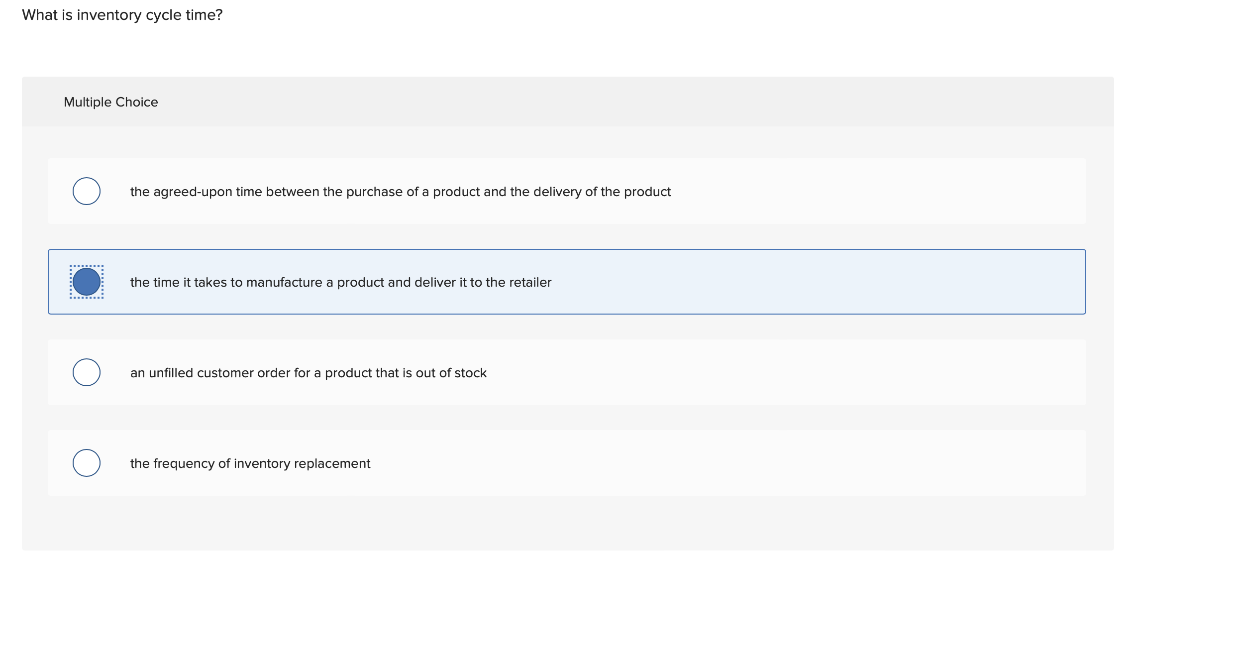  What is inventory cycle time? Multiple Choice the agreed-upon time between