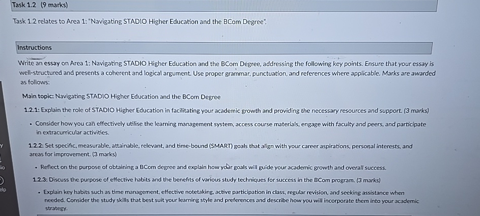  Task 1.2(9 marks) Task 1.2 relates to Area 1: "Navigating STADIO