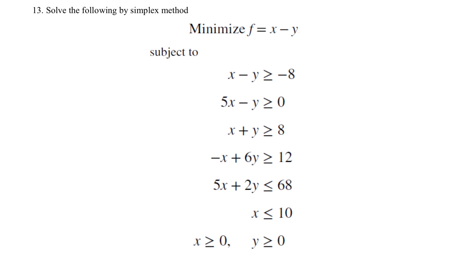  Solve the following by simplex method Minimize f=x-y subject to x-y-8