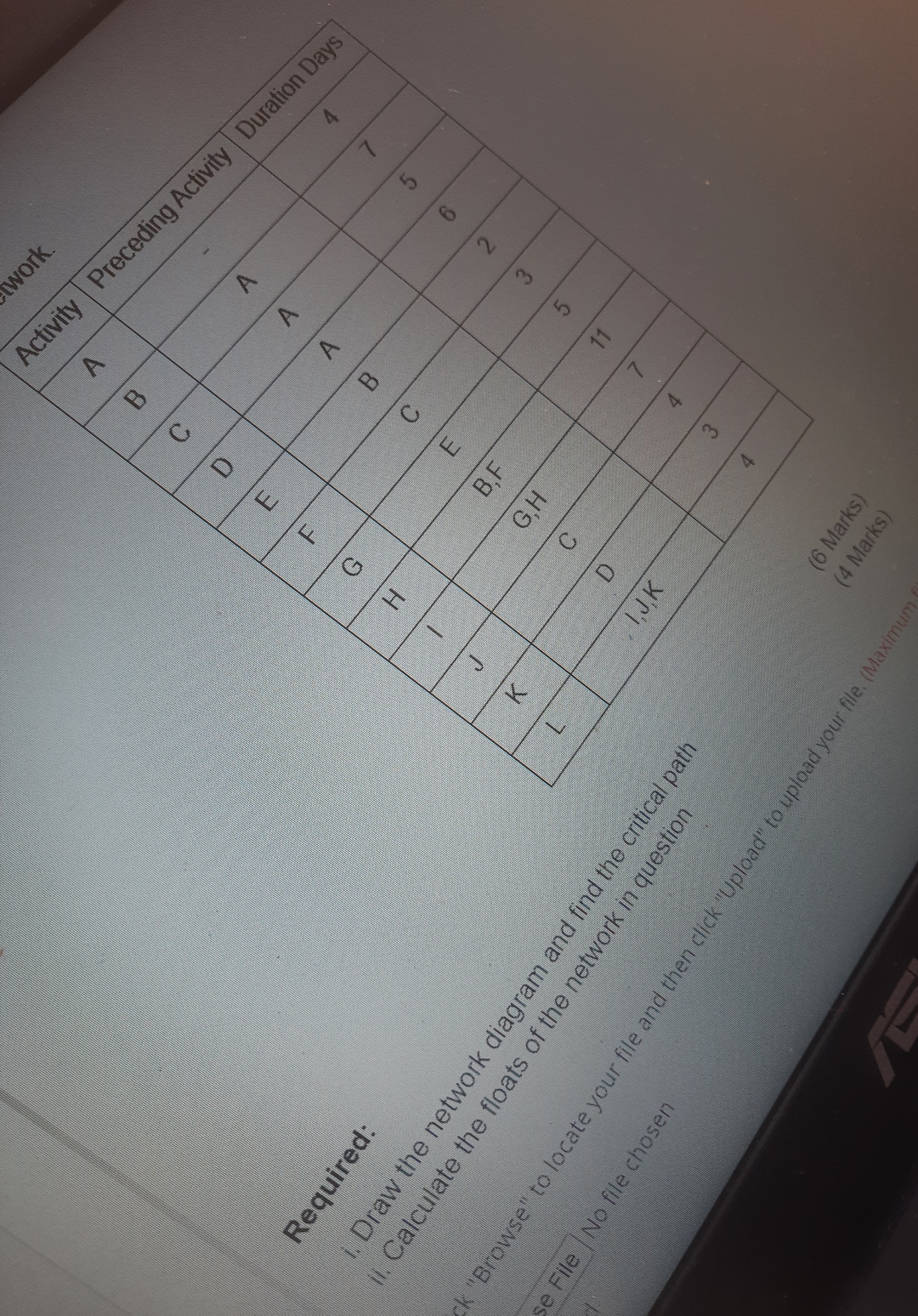  work.AAActivity Preceding Activity Duration DaysABRequired:B,F3G,H"BrowS511i. Draw the network diagram and find