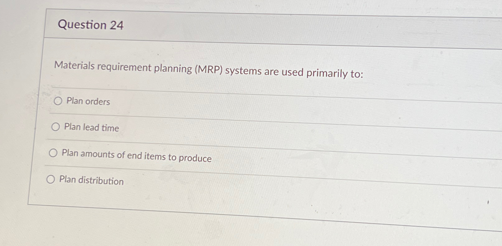  Question 24 Materials requirement planning (MRP) systems are used primarily to: