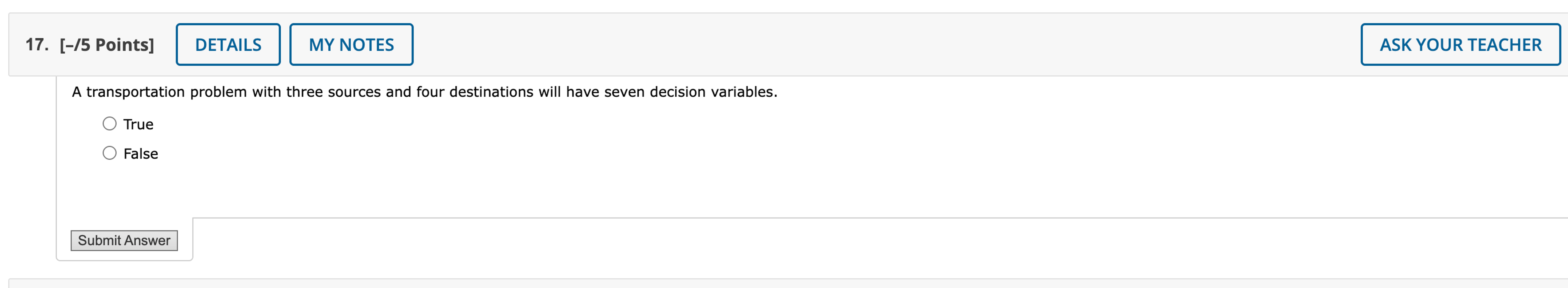  17.\([-/5\) Points] A transportation problem with three sources and four destinations