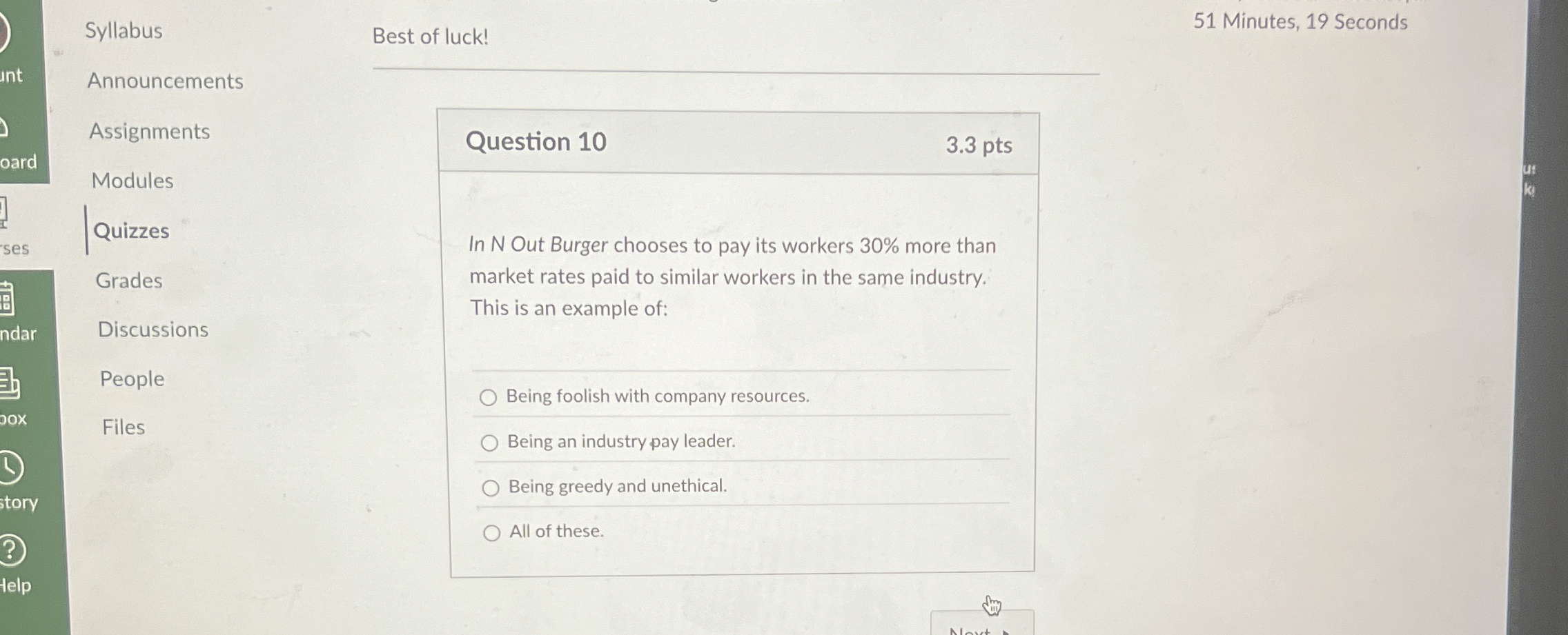  Question 10 3.3 pts In N Out Burger chooses to pay