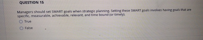  QUESTION 15 Managers should set SMART goals when strategic planning. Setting