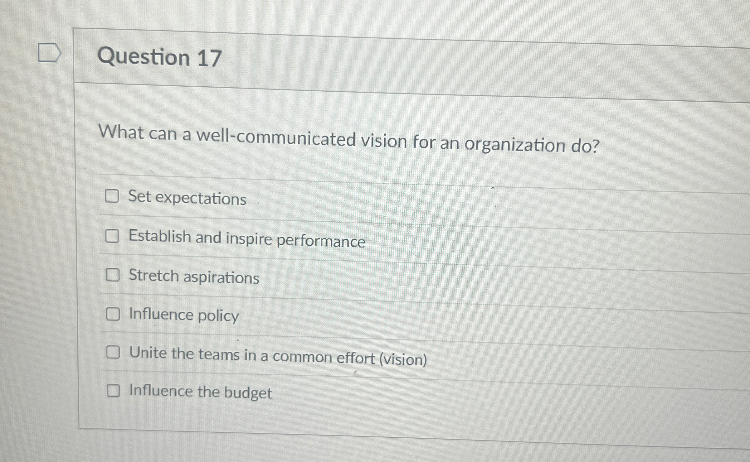  Question 17 What can a well-communicated vision for an organization do?