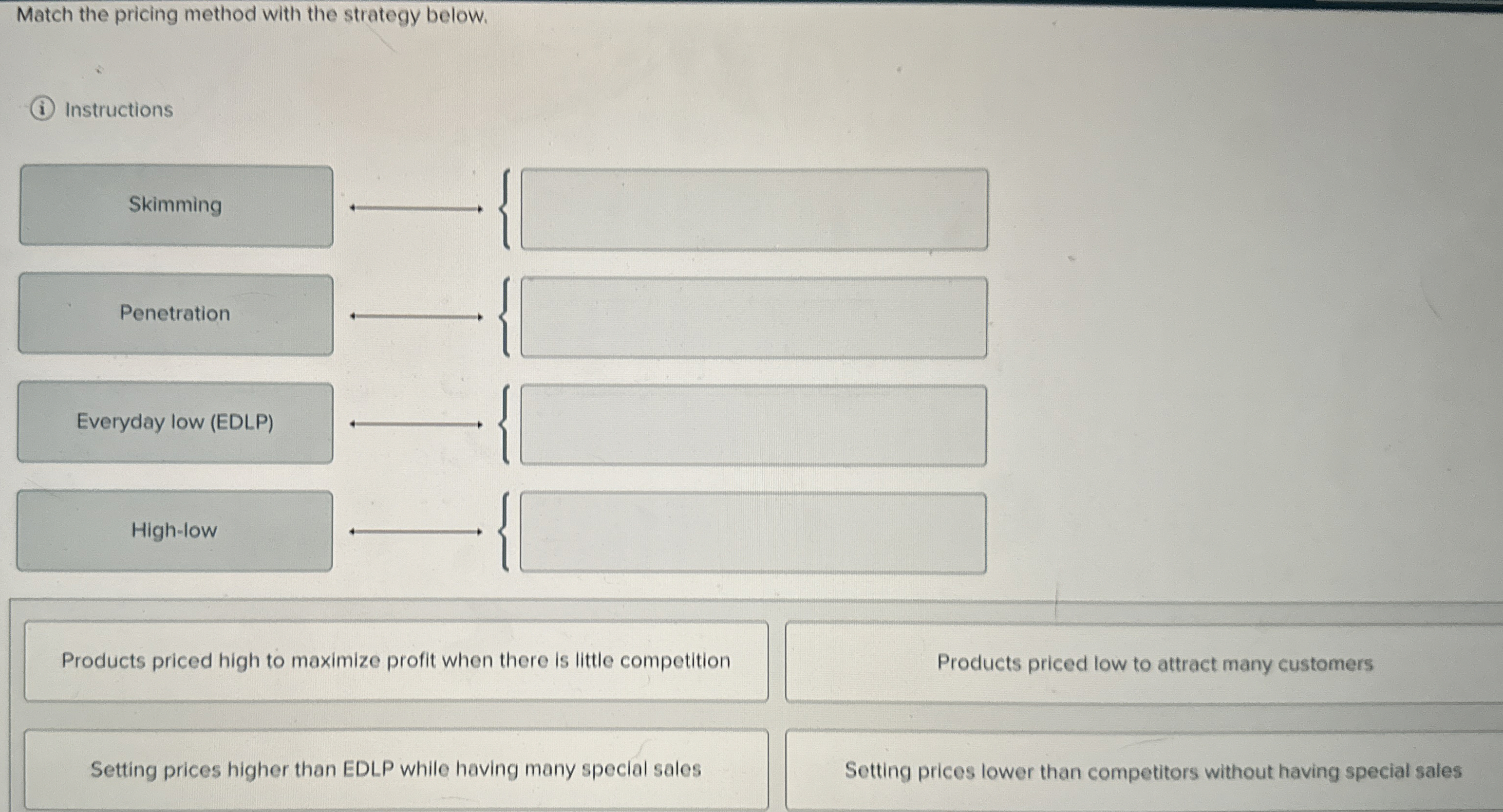  Match the pricing method with the strategy below. Instructions { {