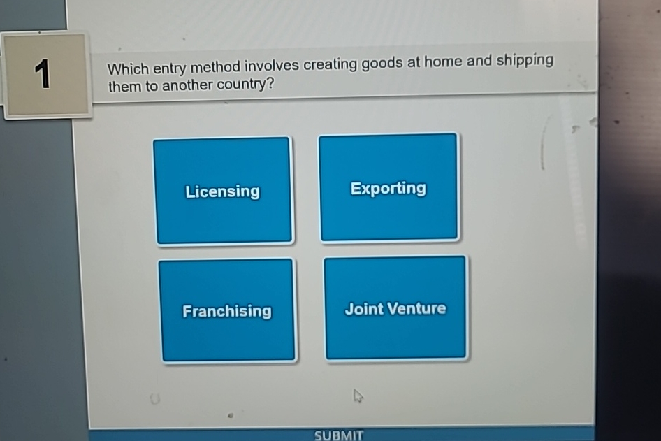  1 Which entry method involves creating goods at home and shipping