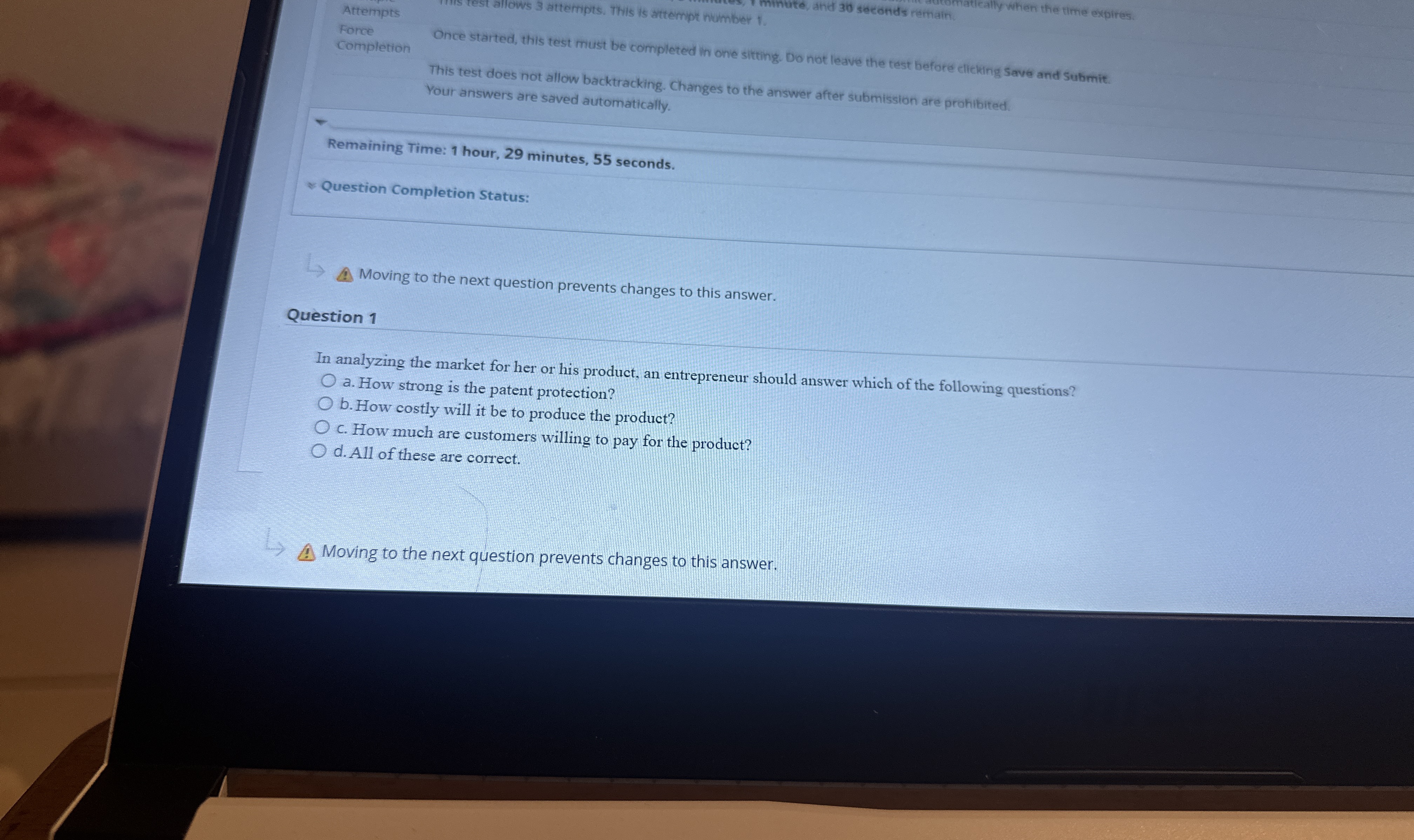  Attempts Fonce completion Once started, this test must be completed in