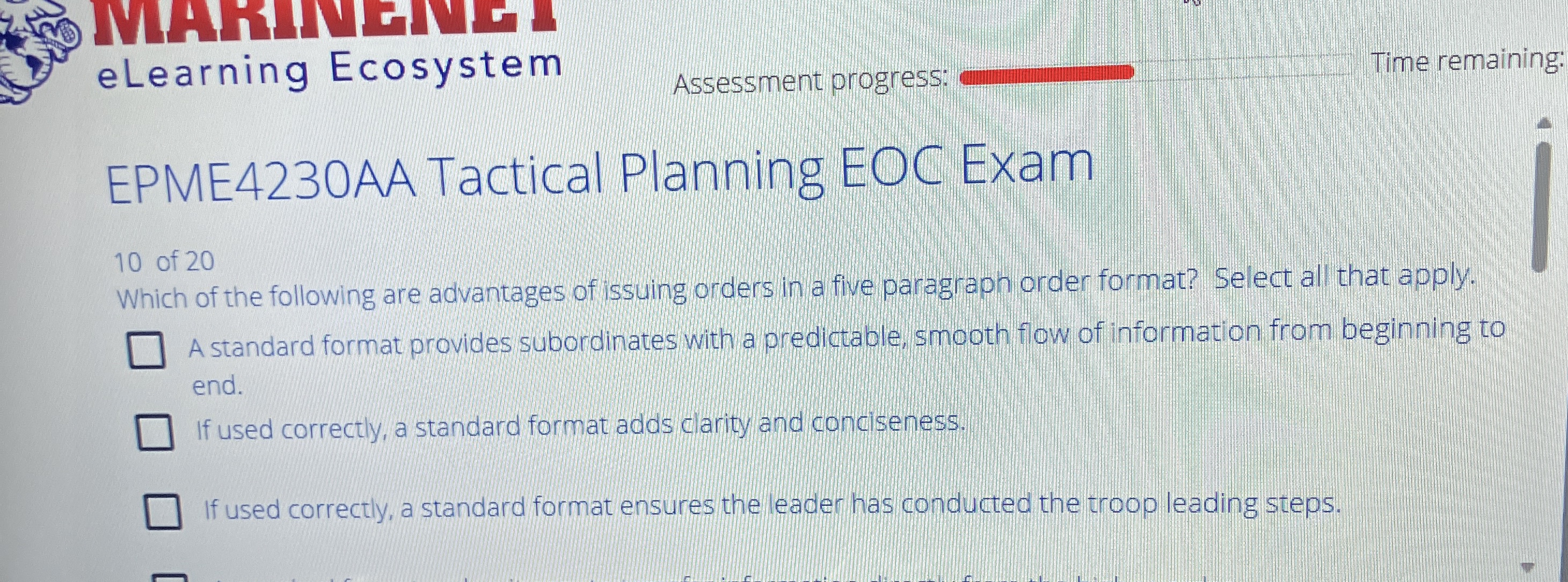  MALidM eLearning Ecosystem Assessment progress: Time remaining: EPME4230AA Tactical Planning EOC
