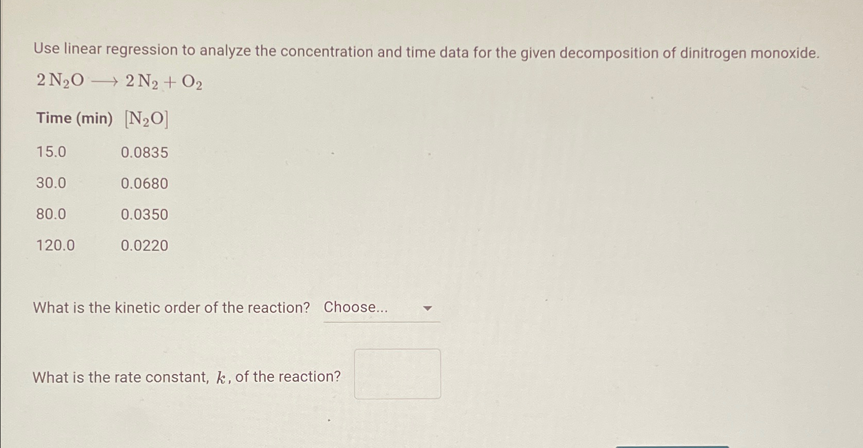  Use linear regression to analyze the concentration and time data for