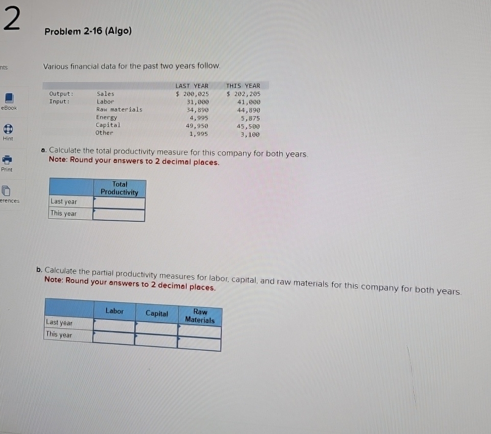  Problem 2-16(Algo) Various financial data for the past two years follow.