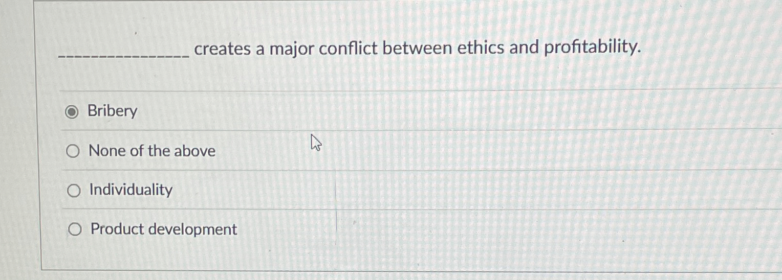  creates a major conflict between ethics and profitability. Bribery None of