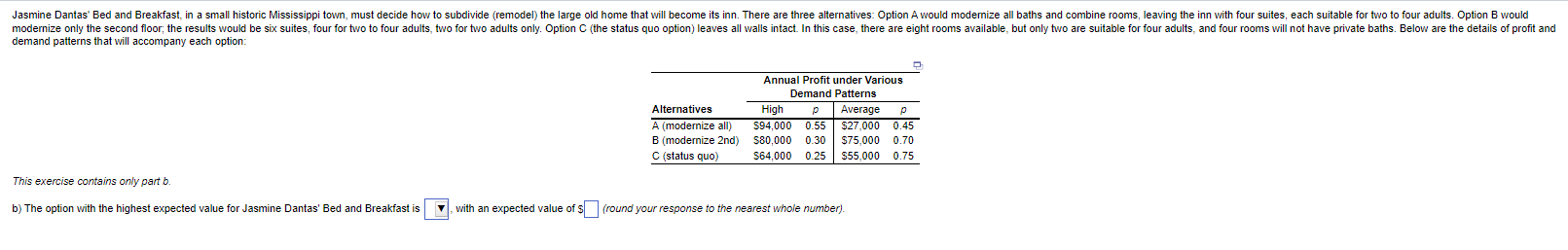  demand patterns that will accompany each option: \table[[,\table[[Annual Profit under Various],[Demand