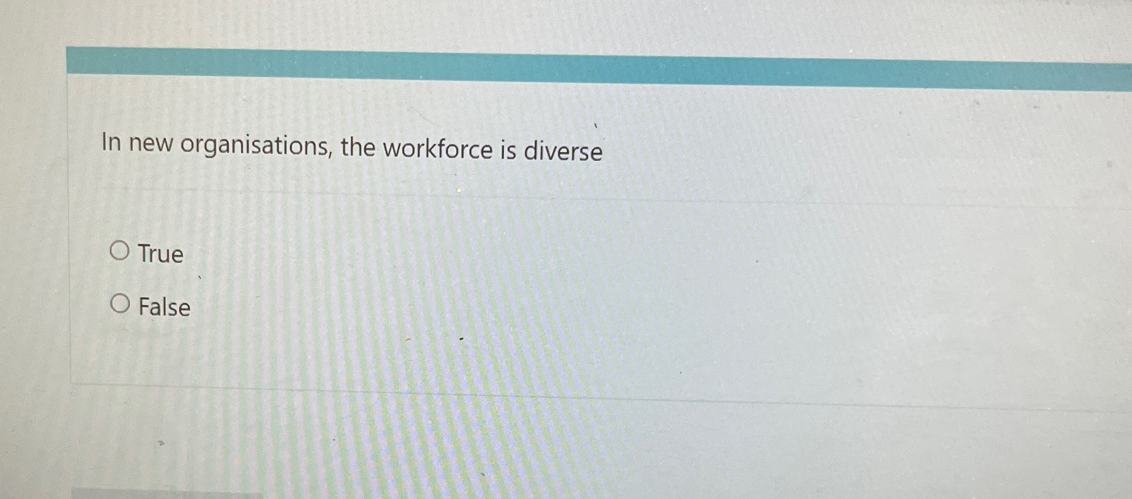  In new organisations, the workforce is diverse True False 