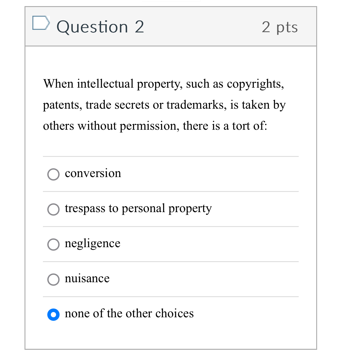  Question 2 2 pts When intellectual property, such as copyrights, patents,