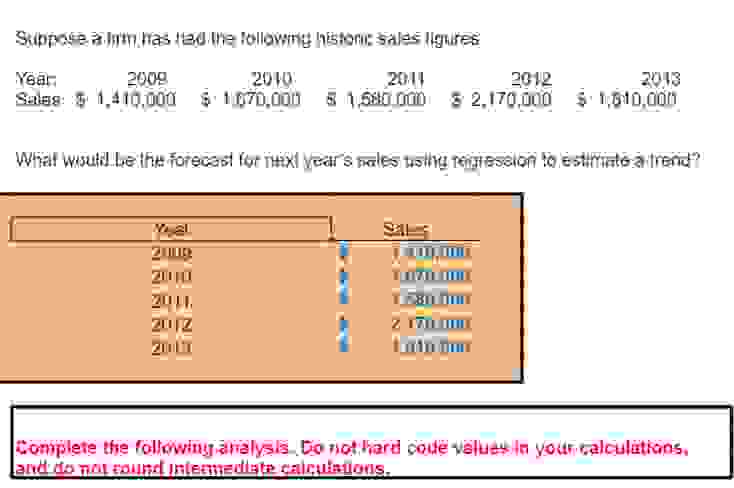  Calculate the forecast for next year s sales using regression. Need