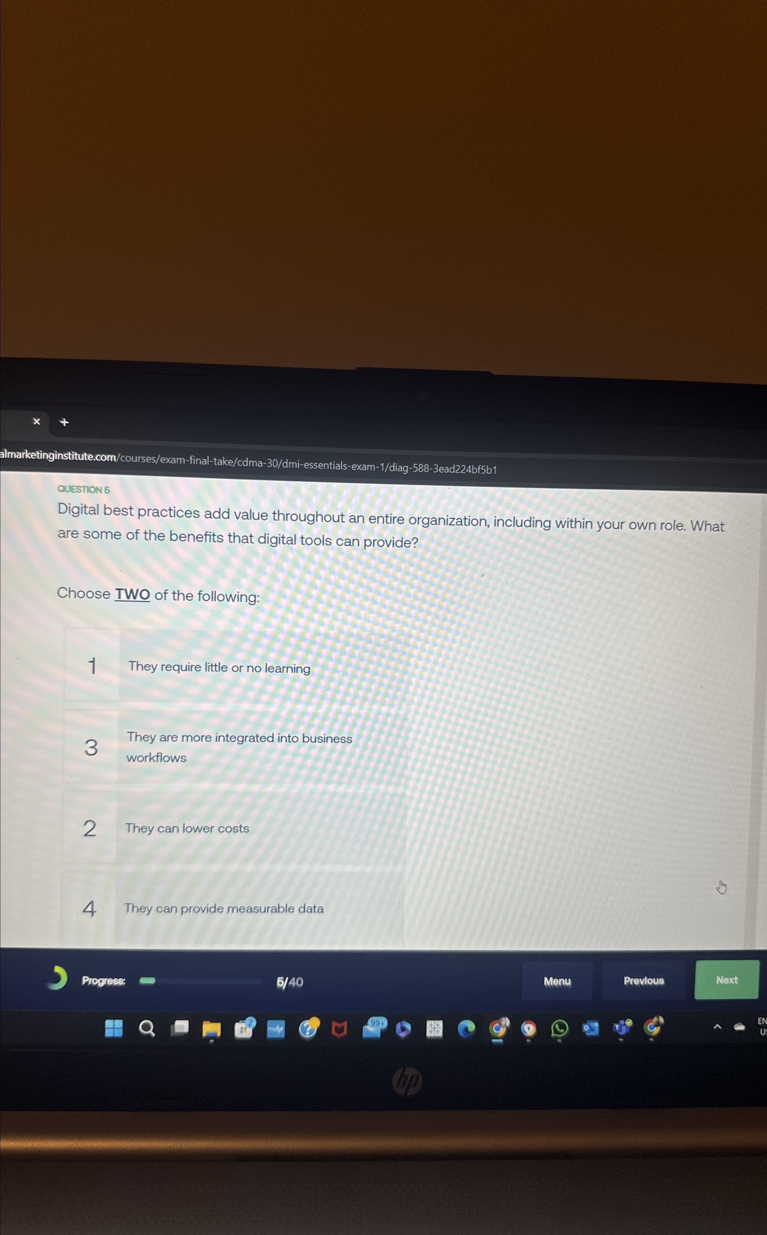  almarketinginstitute.com/courses/exam-final-take/cdma-30/dmi-essentials-exam-1/diag-588-3ead224bf5b1 QUESTION 5 Digital best practices add value throughout an entire