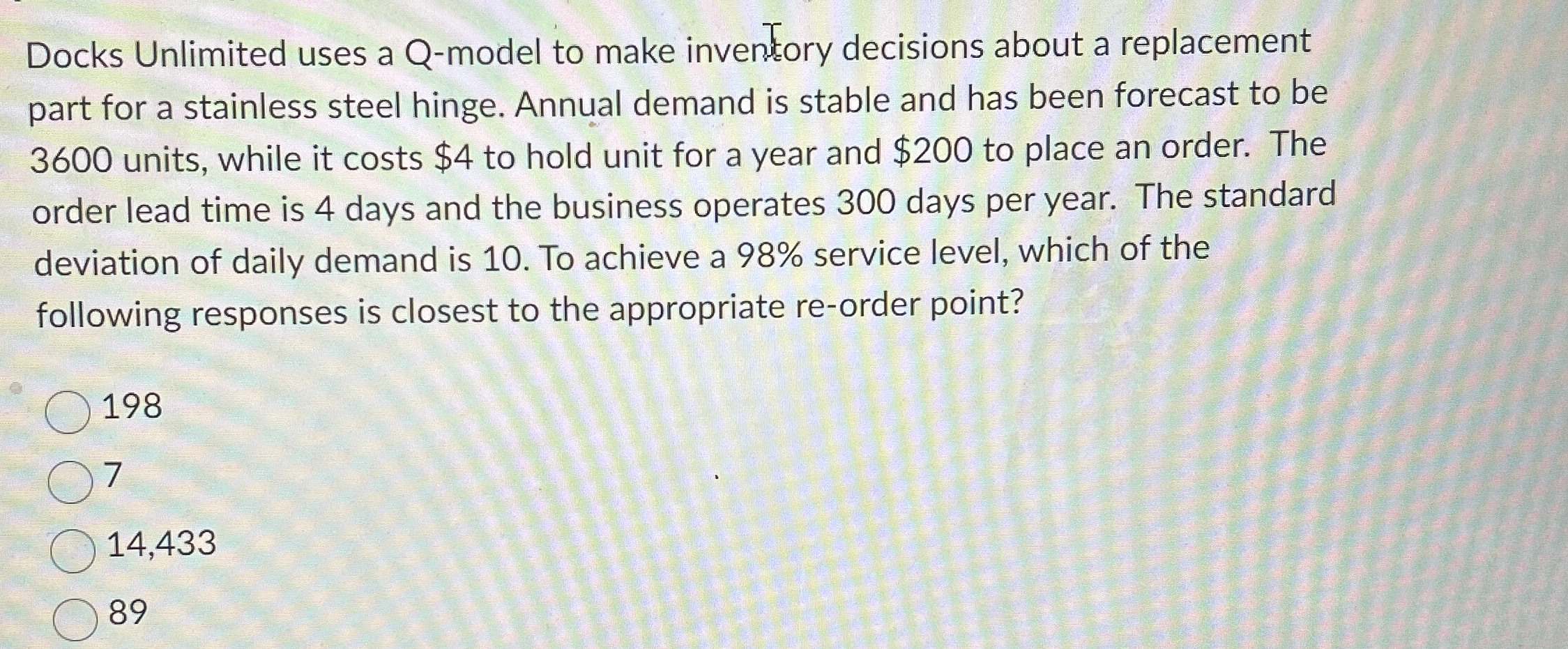  Docks Unlimited uses a Q-model to make inventory decisions about a