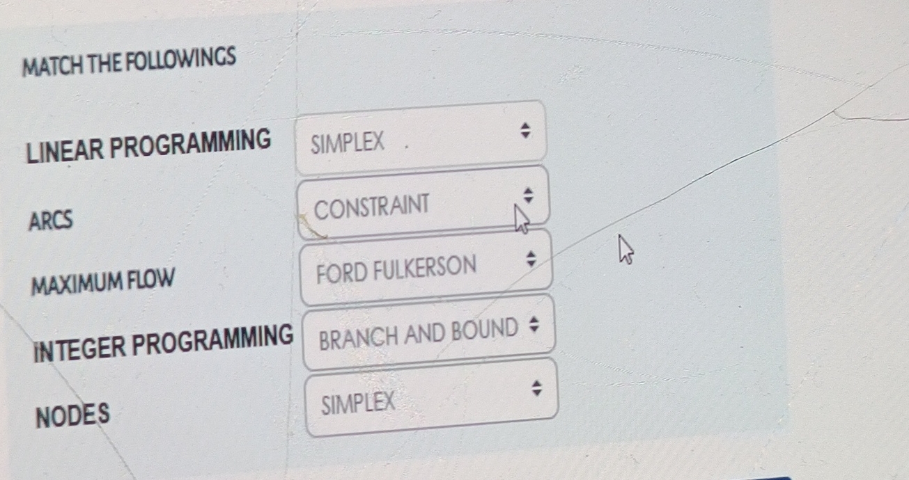  MATCHTHEFOLLOWINCS LINEAR PROGRAMMING- simplex ARCS -constraint MAXIMUMFLOW- Ford flukerson INTEGER PROGRAMMING-