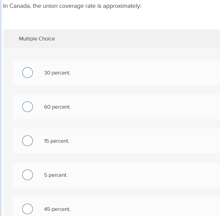  In Canada, the union coverage rate is approximately: Multiple Choice 30