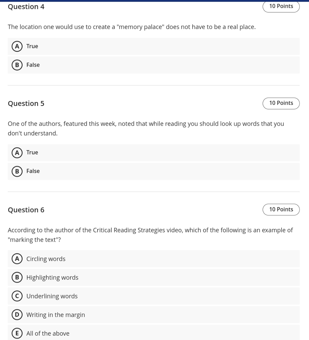  Question 4 The location one would use to create a "memory