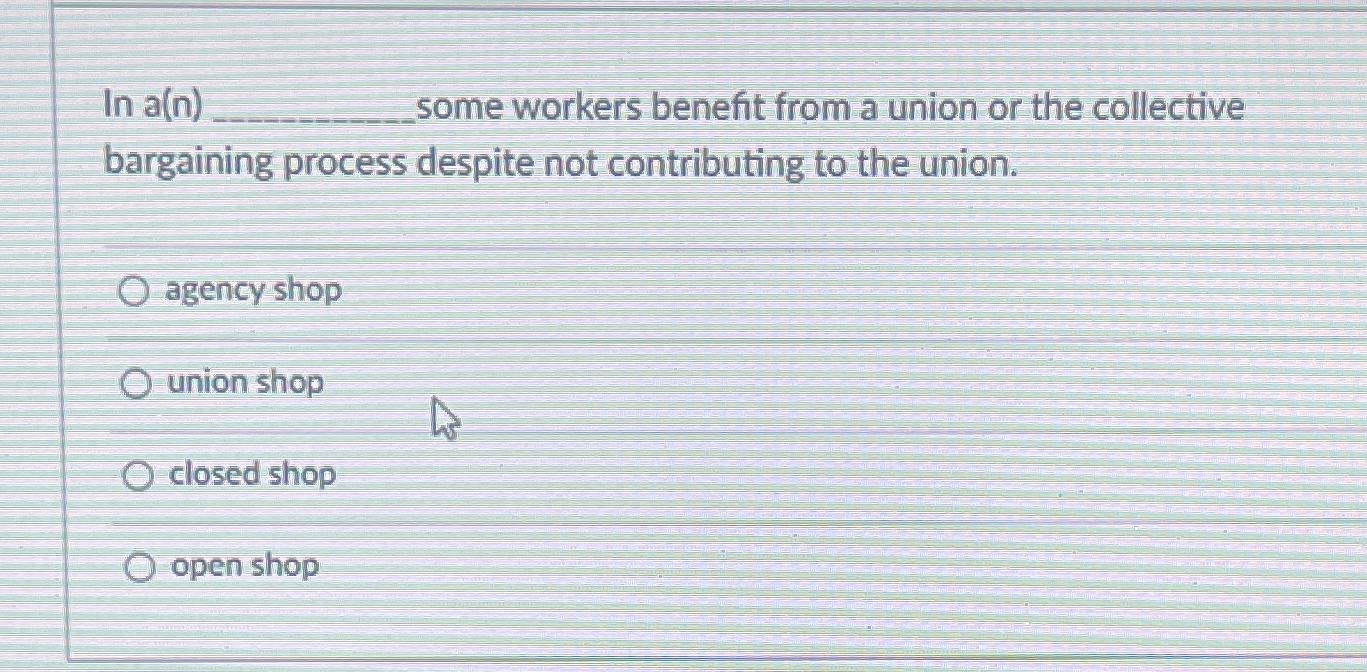  In a(n)q, some workers benefit from a union or the collective
