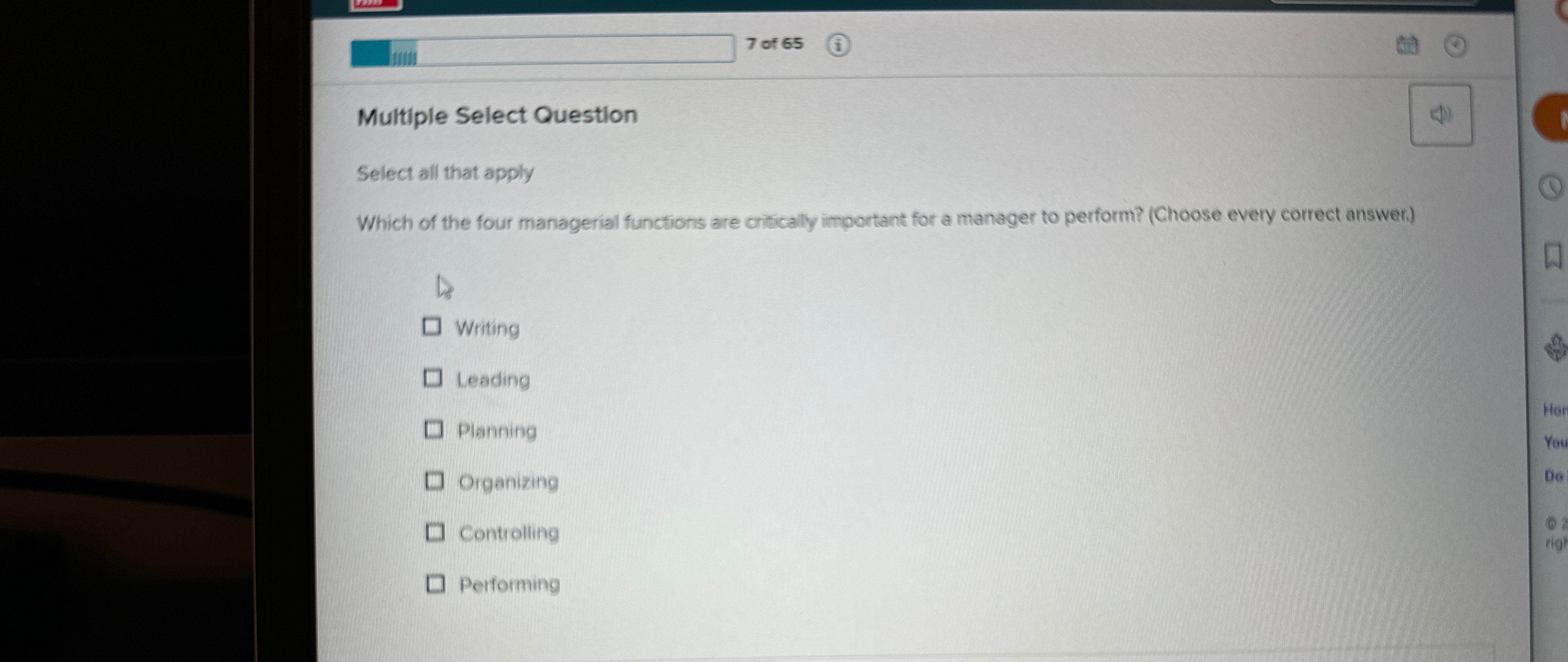  7 of 65 Multiple Select Question Select all that apply Which