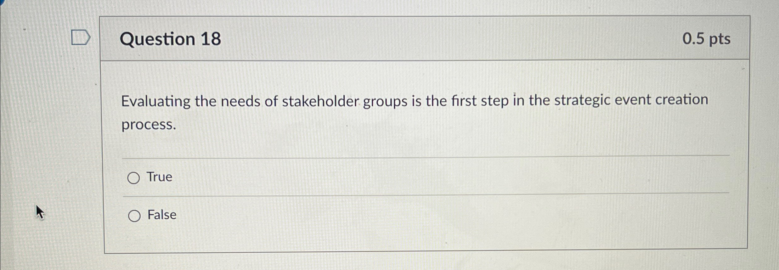  Question 18 0.5pts Evaluating the needs of stakeholder groups is the