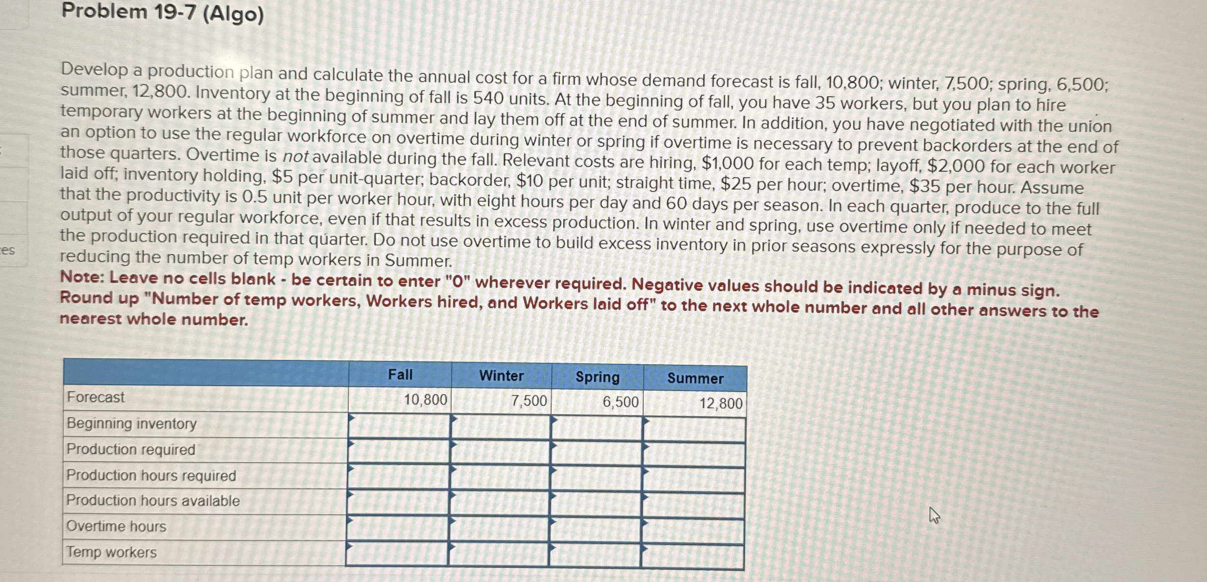  Problem 19-7(Algo) Develop a production plan and calculate the annual cost