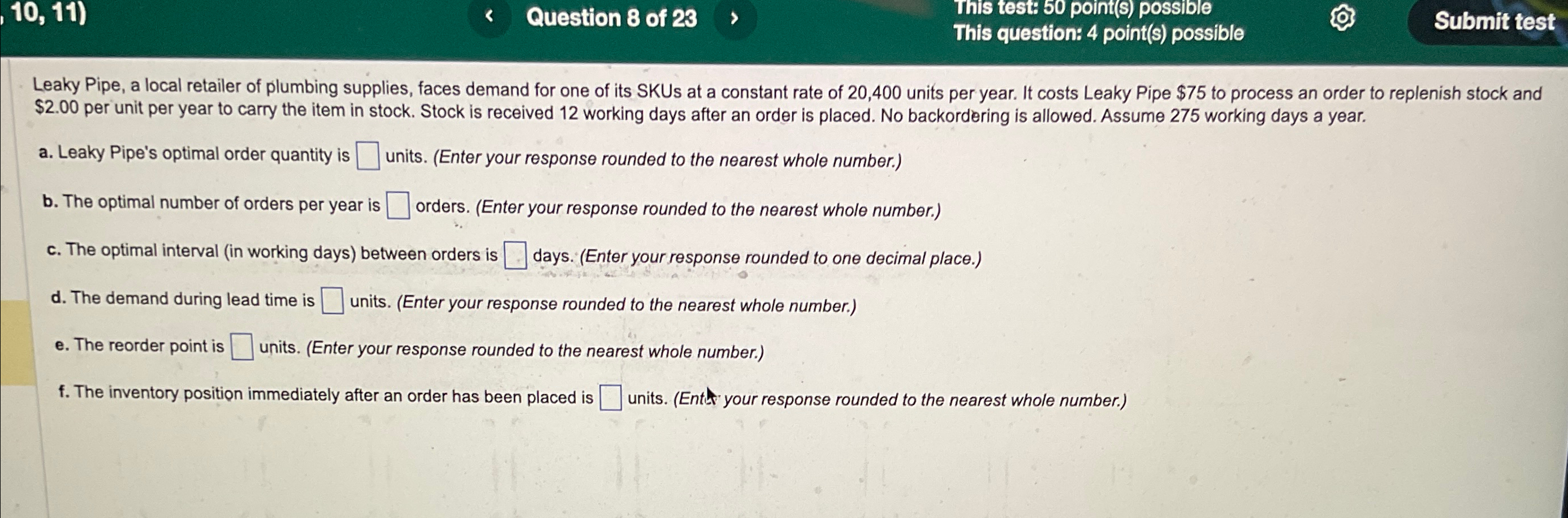  ,10,11), Question 8 of 23 This test: 50 point(s) possible This