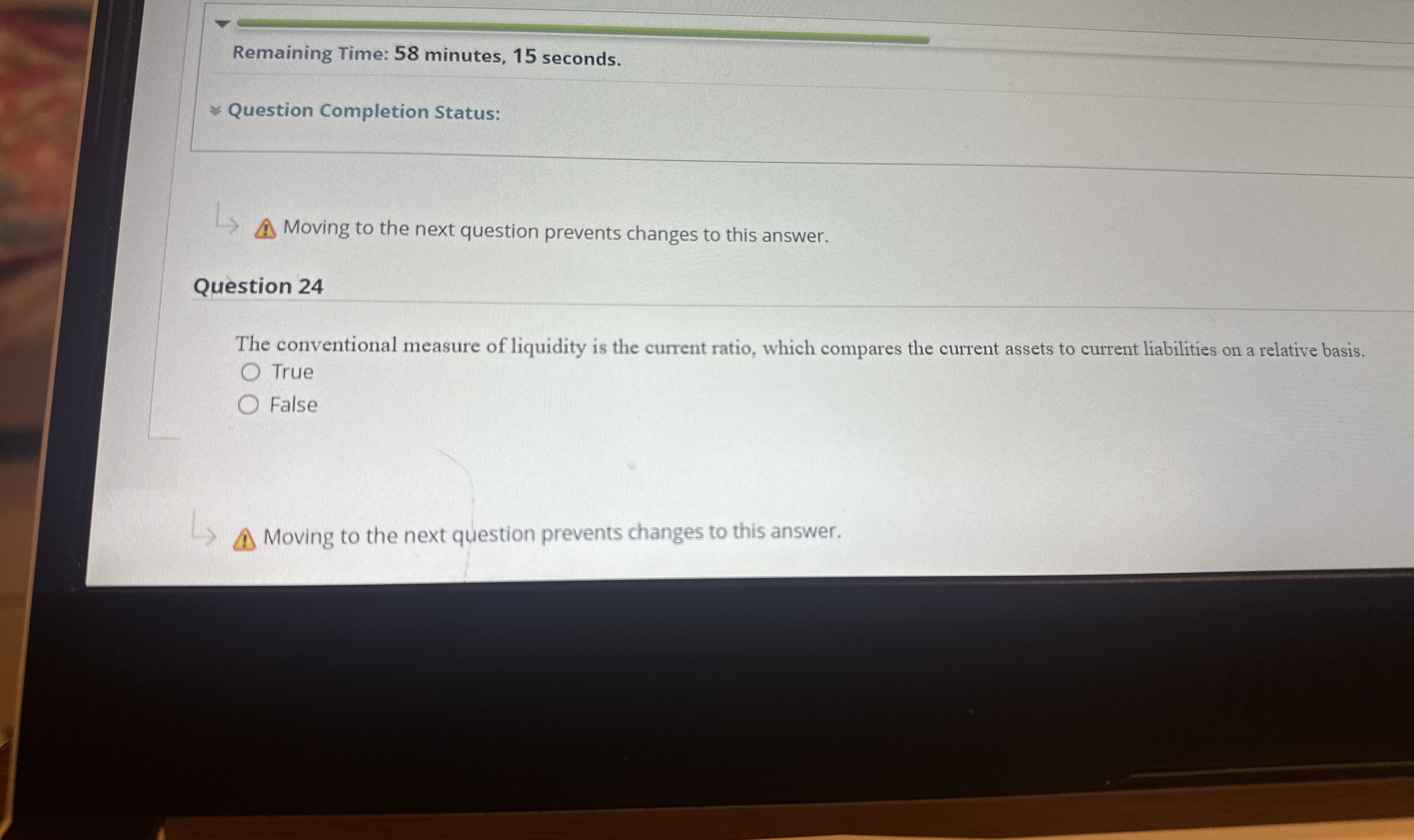  Remaining Time: 58 minutes, 15 seconds. Question Completion Status: Moving to
