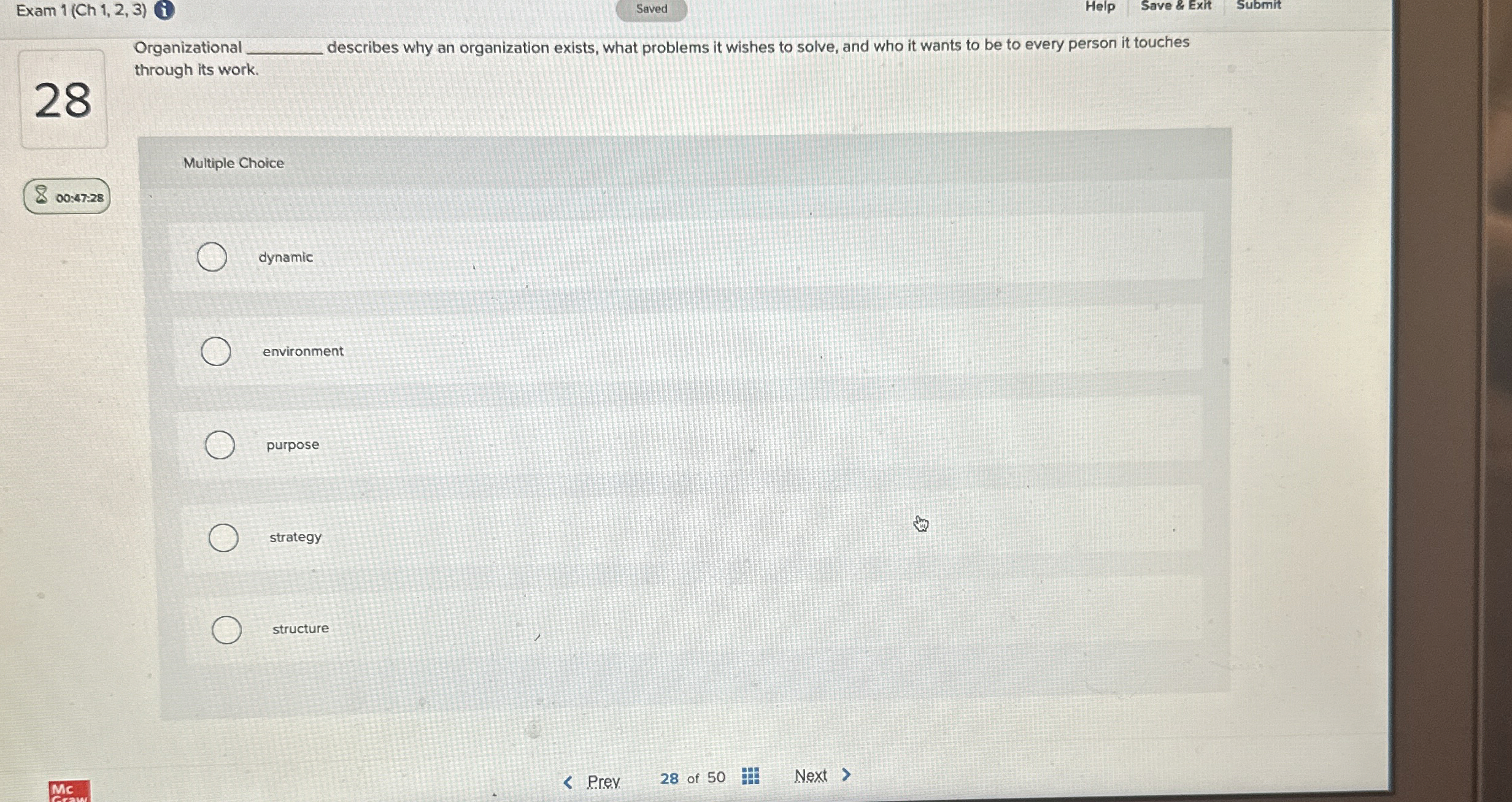  Exam 1(Ch 1,2,3) Saved Help Save & Exit Submit 28 Organizational