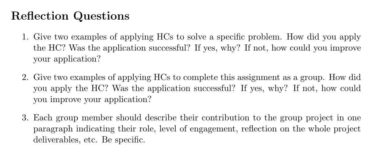 Reflection Questions Give two examples of applying HCs to solve a