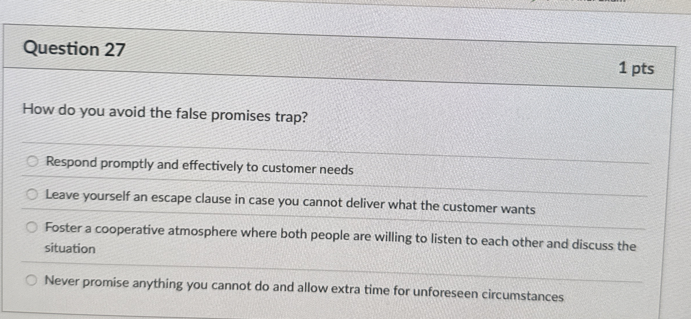  Question 27 How do you avoid the false promises trap? Respond