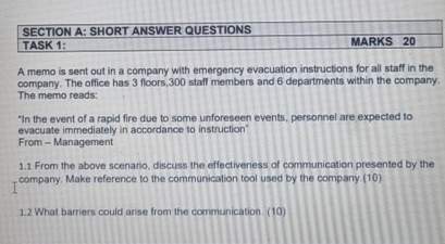  SECTION A: SHORT ANSWER QUESTIONS TASK 1: MARKS 20 A memo