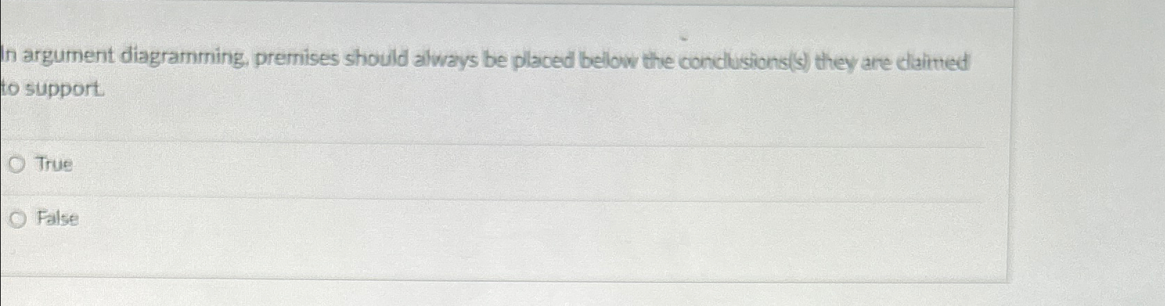 In argument diagramming, premises should always be placed below the conclusions(s)