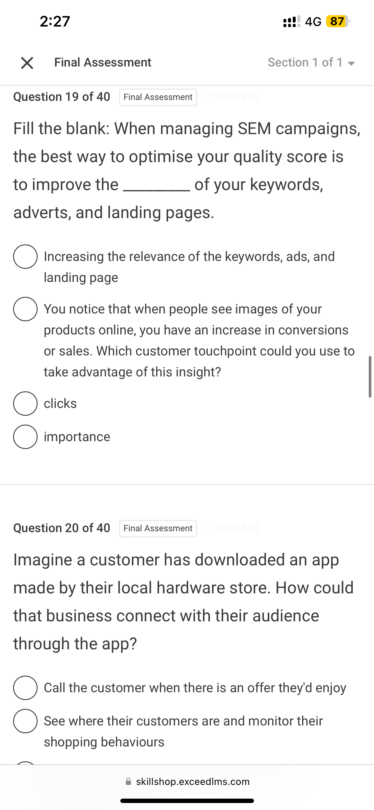  2:27 ::!.4G87 Final Assessment Section 1 of 1grad Question 19 of