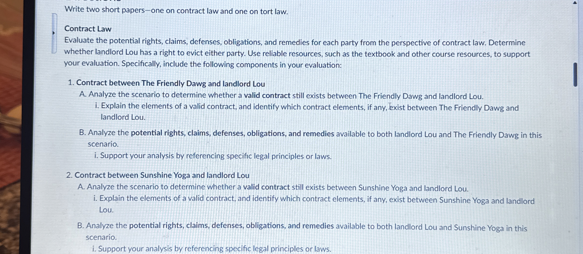  Write two short papers-one on contract law and one on tort