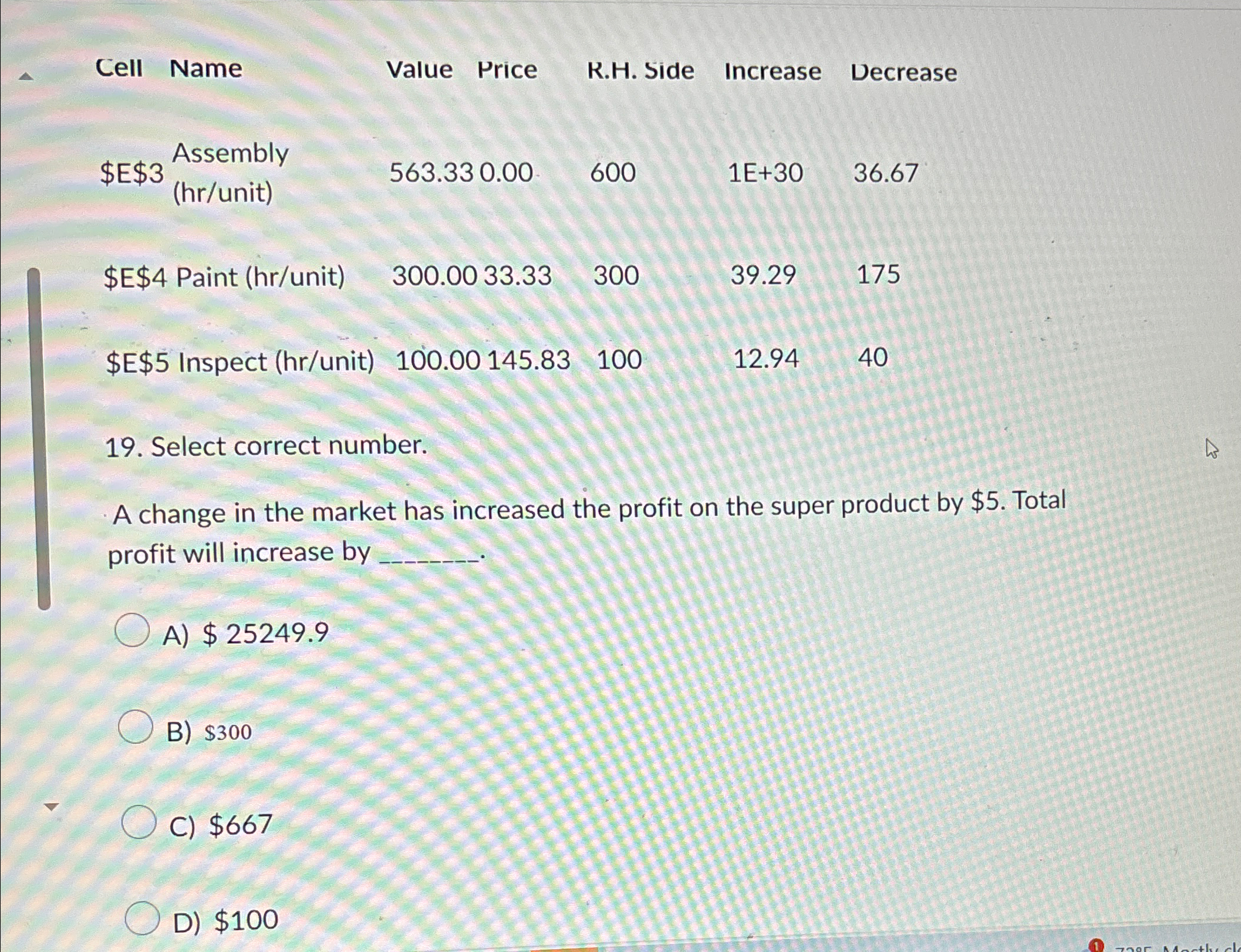  \table[[Cell Name,Value Price,K.H. Side,Increase,Decrease],[$E$3 Assembly,563.330.00,600,1E+30,36.67],[(hr/unit),,,,],[$E$4 Paint (hr/unit),300.0033.33,300,39.29,175],[$E$5 Inspect (hr/unit),100.00145.83,100,12.94,40]] Select correct