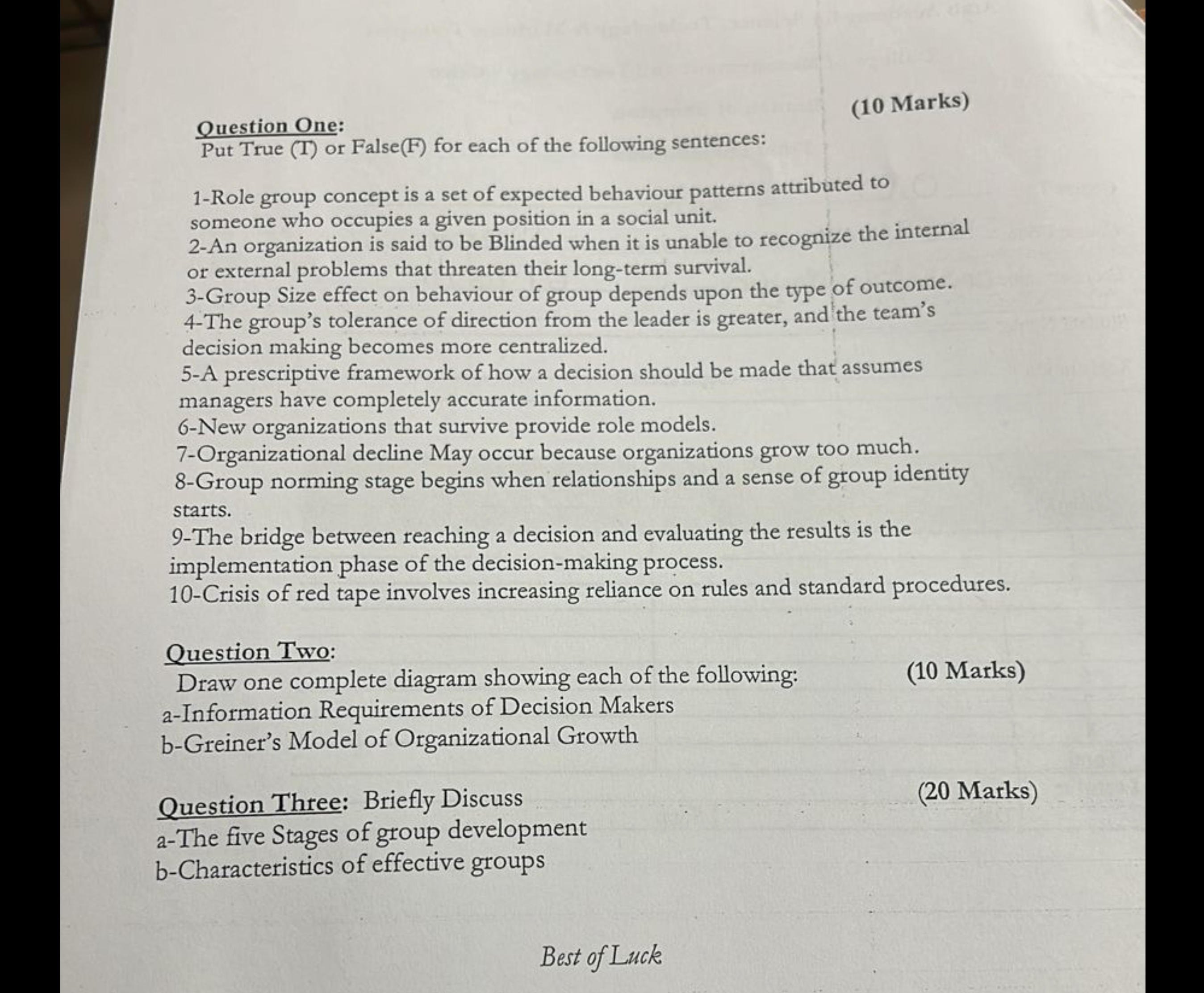  Question One: Put True ( I ) or False(F) for each