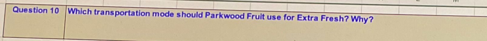  \table[[Question 10,Which transportation mode should Parkwood Fruit use for Extra Fresh?