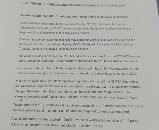  READ THE ARTICLE BELOW AND ANSWER THE QUESTIONS THAT FOLLOW: Honda