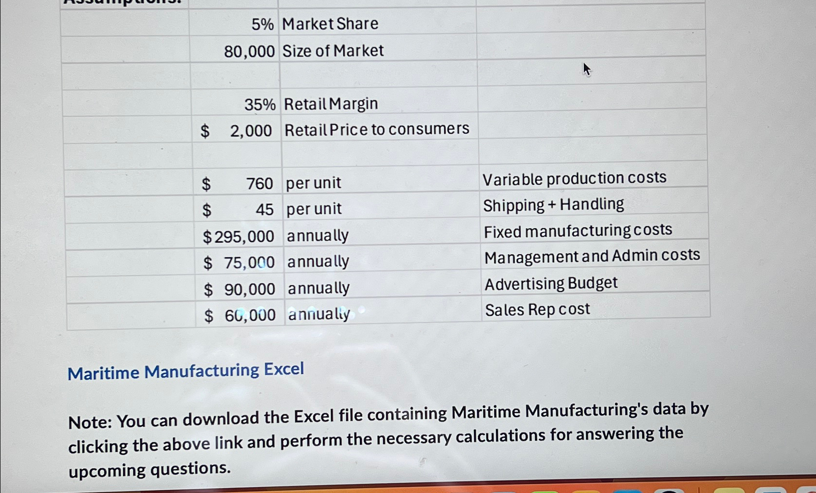  \table[[,5%,Market Share,],[,80,000,Size of Market,],[,,,t],[,35%,RetailMargin,],[,$2,000,Retail Price to consumers,],[,760,per unit,Variable production costs],[,$,45,per unit,Shipping
