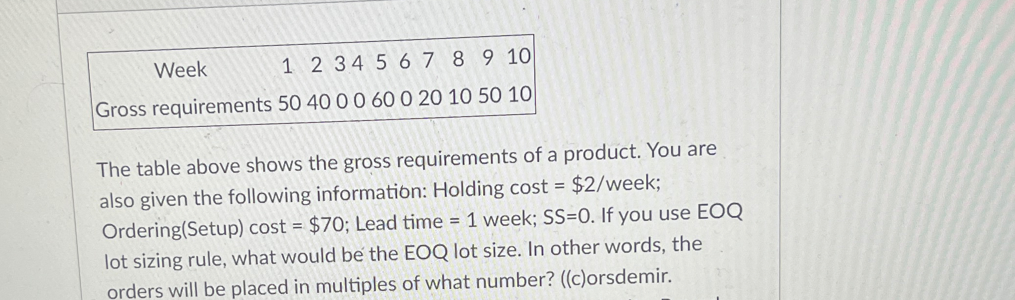  \table[[Week ,12345678910 