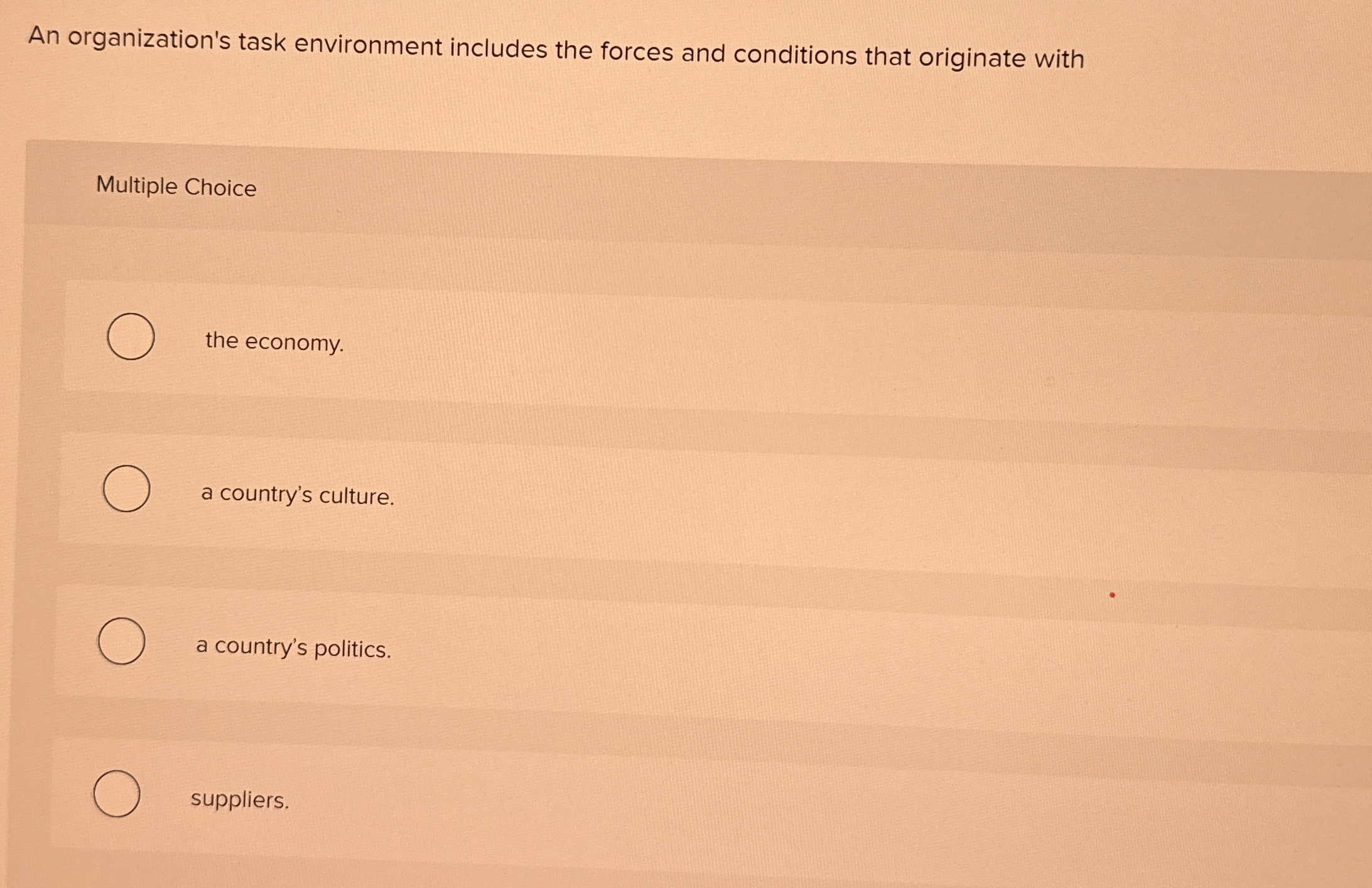  An organization's task environment includes the forces and conditions that originate