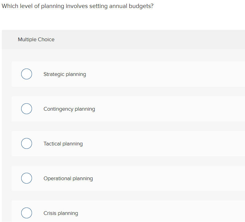  Which level of planning involves setting annual budgets? Multiple Choice Strategic