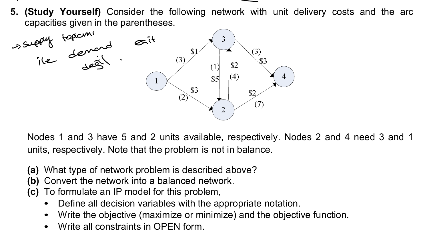  (Study Yourself) Consider the following network with unit delivery costs and