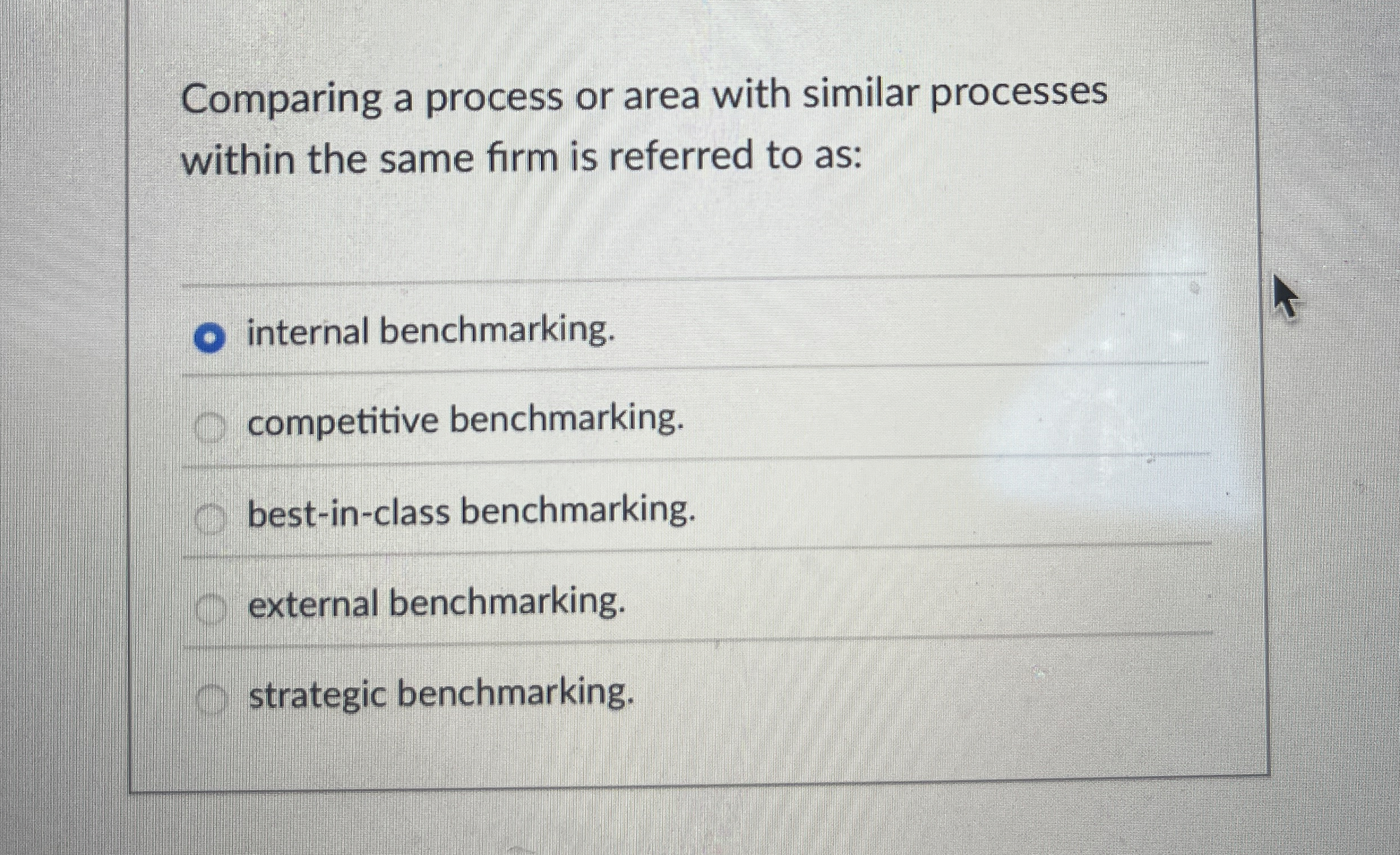  Comparing a process or area with similar processes within the same