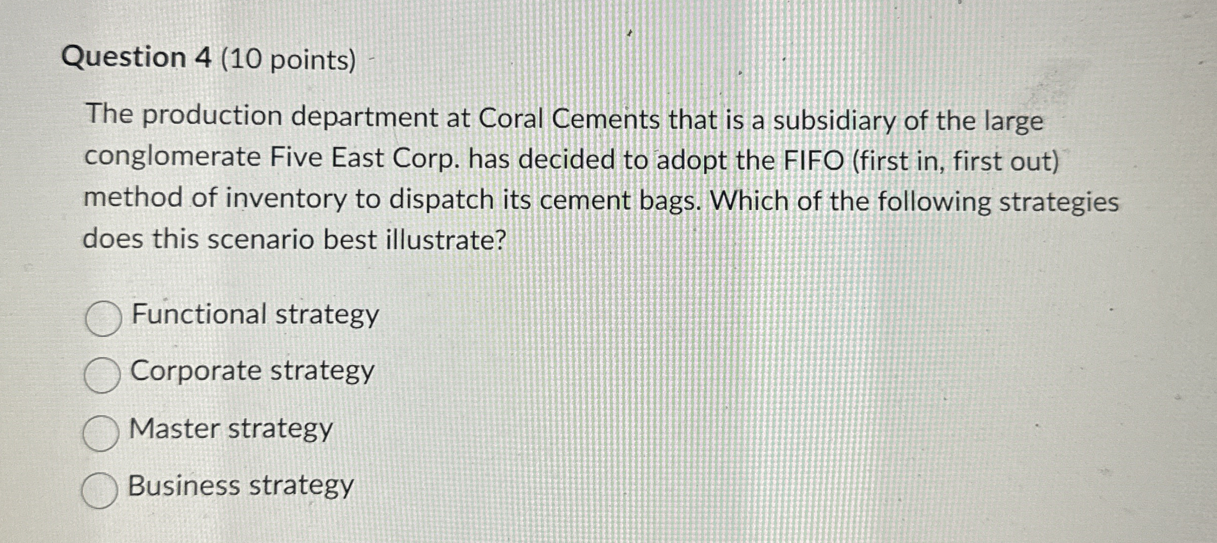  Question 4(10 points) The production department at Coral Cements that is